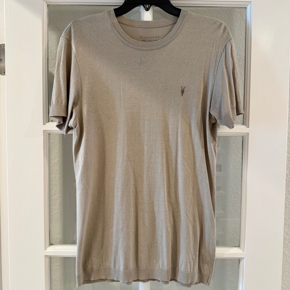 AllSaints Men’s Taupe Parlour SS Crew T-Shirt Size Small